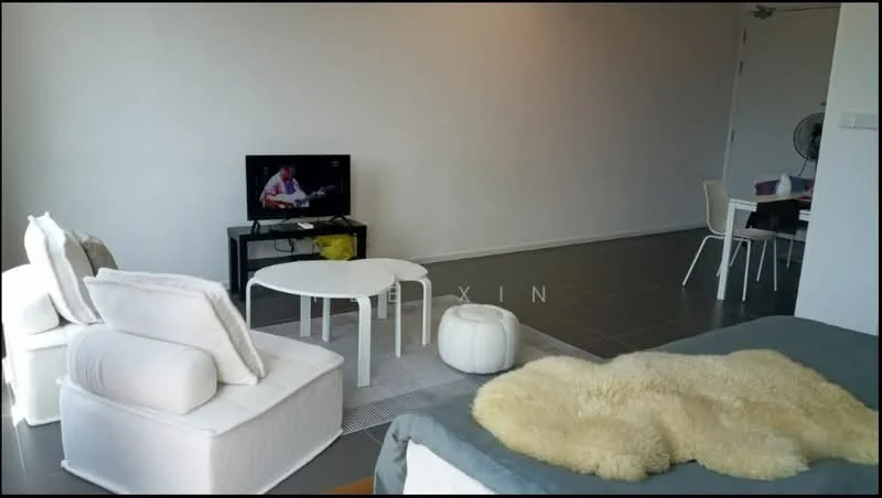 Living features: white walls, grey tiled flooring, 3-seater fabric sofa in white, round coffee table in white, small ottoman in white, wall-mounted TV, TV console in black, area rug, decorative throw, ceiling fan; style: modern. Dining features: dining table for 4 in white, 4 white dining chairs; style: modern.