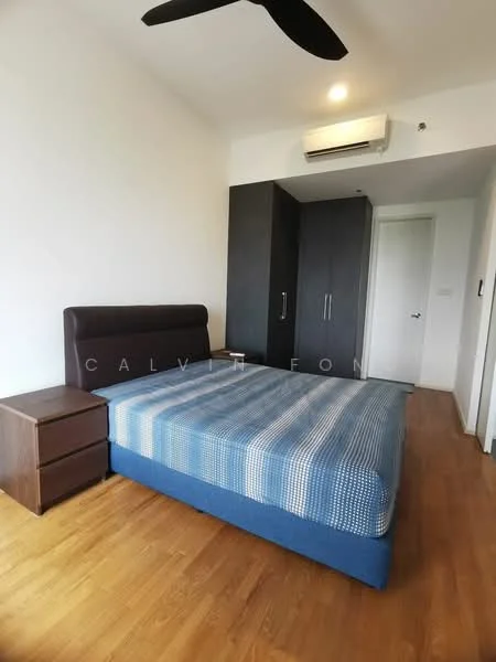 Bedroom features: queen-size bed with blue bedding, upholstered headboard, wooden bedside table, built-in wardrobe with dark wood finish, wall-mounted air conditioning unit, ceiling fan, laminate flooring, white painted walls; style: modern.