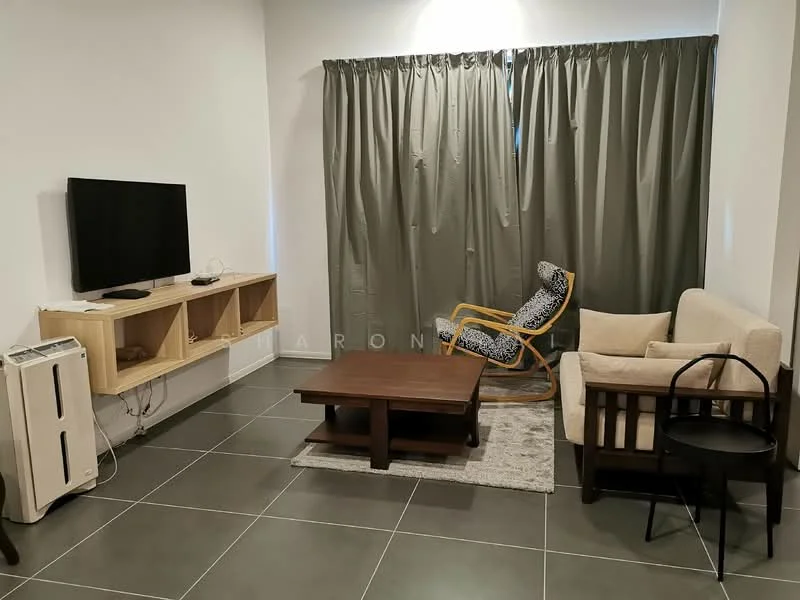 Living features: grey tiled flooring, white painted walls, recessed downlights, wall-mounted TV, wooden TV console, coffee table, beige fabric sofa, rocking chair, area rug, black wooden side table, floor-to-ceiling curtains; style: modern.