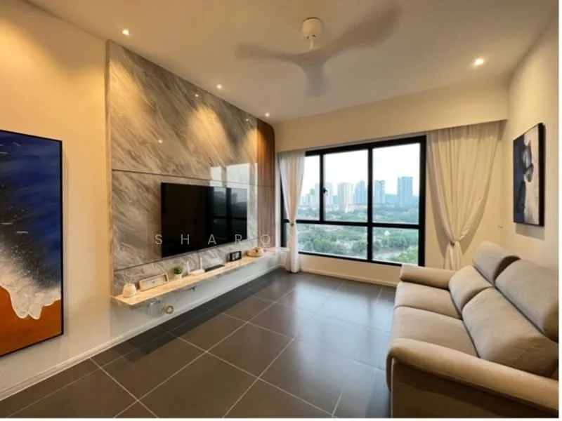 Living features: grey tiled flooring, feature wall with marble cladding, wall-mounted TV, floating shelf under TV, 5-blade ceiling fan, large windows with city view, sheer curtains, sofa in light beige fabric, decorative artwork on wall, recessed lighting; style: modern; view: city.