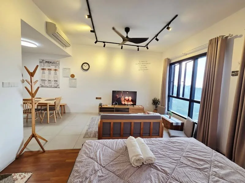 Living features: 5-blade ceiling fan with light, wall-mounted TV, sofa in grey fabric, coffee table, area rug, large windows with city view, recessed LED downlights, wooden flooring, decorative wall art, plant in ceramic pot; style: modern; view: city. Room features: queen-size bed, upholstered headboard, bedding with towels, wooden bed frame.