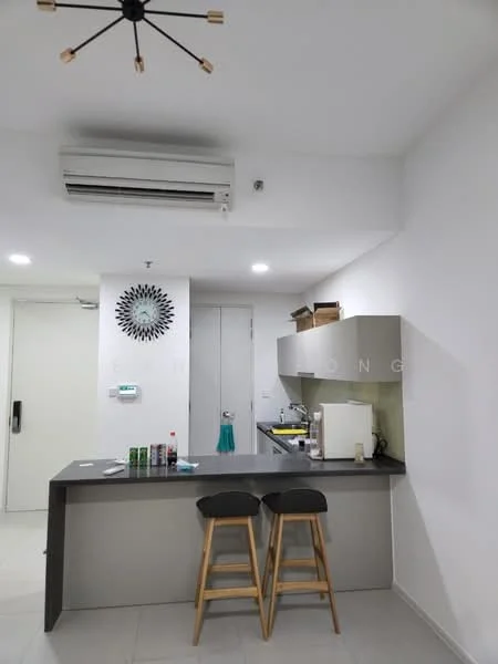 Kitchen features: grey laminate cabinetry, black countertop, stainless-steel sink, chrome pull-down faucet, built-in stove, refrigerator, microwave, 2 bar stools, wall-mounted split AC, recessed LED downlights, white painted walls, tile flooring; style: modern.