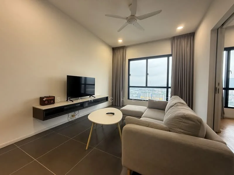 Living features: 3-seater fabric sofa in light grey, coffee table with white top and yellow legs, wall-mounted TV, TV console with storage, floor-to-ceiling windows, grey curtains, ceiling fan, tile flooring in dark grey; style: modern; view: city.