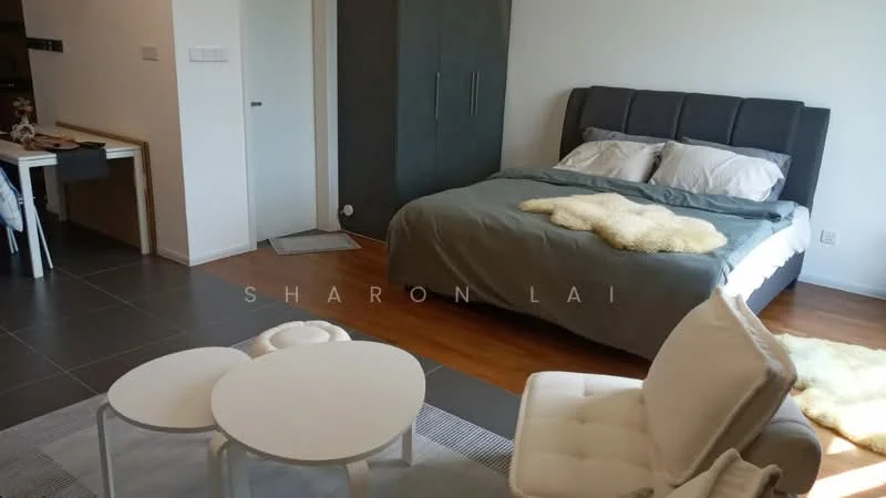 Room features: queen-size bed with grey bedding, upholstered headboard, wooden flooring, grey accent wall, 2 white side tables, 2 white coffee tables, white armchair, decorative rug, built-in wardrobe with sliding doors, wall-mounted light, dining table for 2, floor-to-ceiling window, sheer curtains; style: modern.