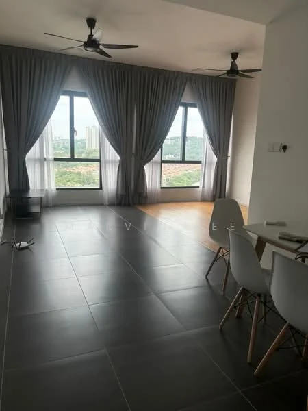 Living features: floor-to-ceiling windows, grey curtains, 2 ceiling fans, light grey tiled flooring, wooden flooring, dining table with chairs, TV console, decorative wall, open layout; style: modern; view: city.