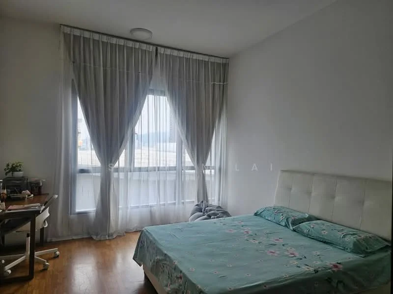 Bedroom features: queen-size bed with upholstered headboard, light green bedding with floral pattern, wooden flooring, floor-to-ceiling windows, sheer curtains, desk with chair, decorative plant on desk, grey ottoman, white painted walls, recessed ceiling light; style: modern; view: city.