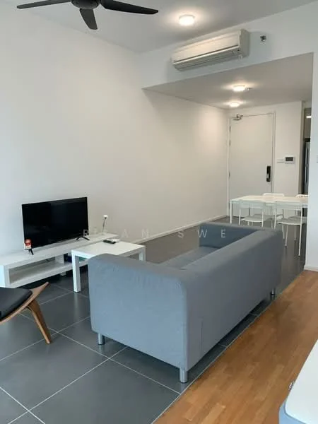 Living features: grey fabric sofa, white coffee table, black TV console, wall-mounted TV, 5-blade ceiling fan, wall-mounted split AC, tile flooring in grey, wood flooring, white painted walls, dining table with chairs visible in background; style: modern.