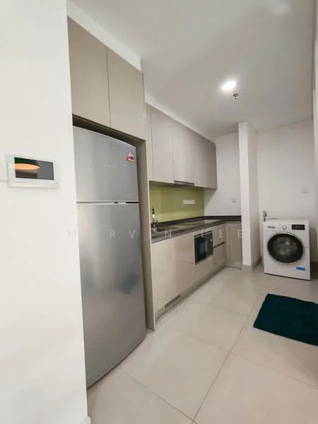 Kitchen features: stainless-steel fridge, built-in oven, microwave, single-bowl stainless-steel sink, chrome pull-down faucet, laminate countertop, cream cabinetry, tile flooring, recessed downlights, washing machine, green backsplash, open shelving; style: modern.