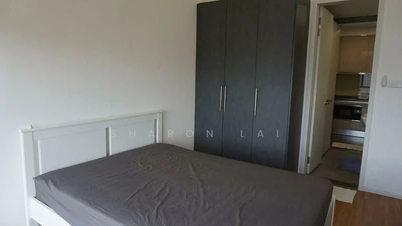Bedroom features: queen-size bed with grey bedding, dark wood wardrobe with sliding doors, light-colored walls, wooden flooring, window with no visible treatment, minimalist decor; style: modern.