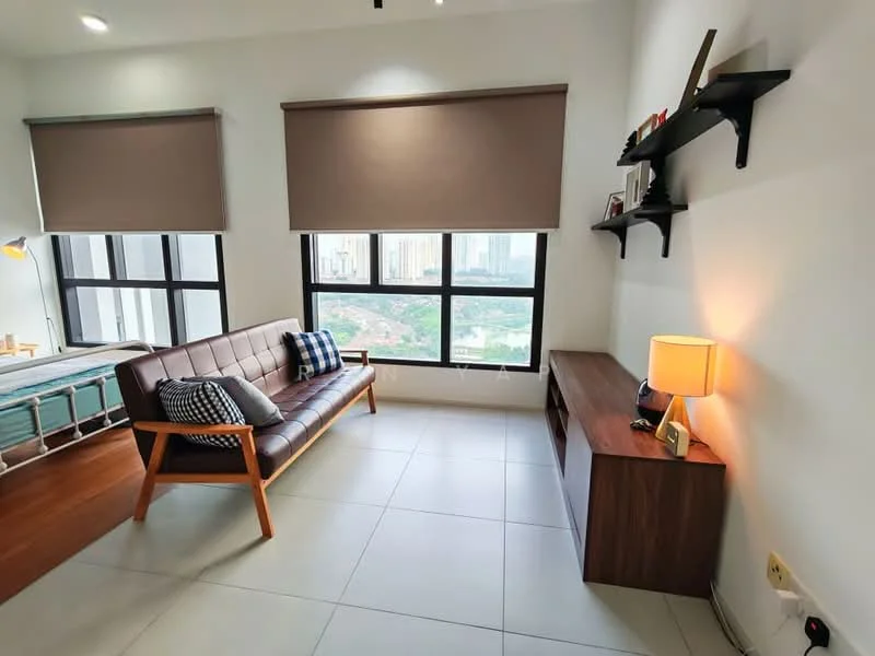 Living features: brown leather sofa, wooden frame sofa, decorative cushions, wooden TV console, table lamp, wall-mounted shelves, large window with city view, roller blinds, light-colored tiled flooring; style: modern; view: city.
