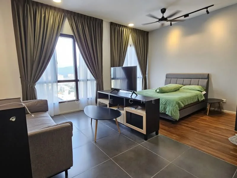 Bedroom features: queen-size bed with grey upholstered headboard, 2 bedside lamps, sofa in light grey fabric, coffee table, wall-mounted TV, floor-to-ceiling windows, sheer curtains, dark wood flooring, grey tiled flooring, ceiling fan with light, decorative wall art, built-in wardrobe; style: modern; view: city.