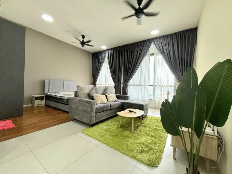 Living features: grey fabric L-shape sectional sofa, wooden coffee table, green area rug, floor-to-ceiling windows, sheer curtains, blackout curtains, 2 ceiling fans, laminate flooring, light grey painted walls, decorative plant in ceramic pot, side table with drawer; style: modern; view: city.
