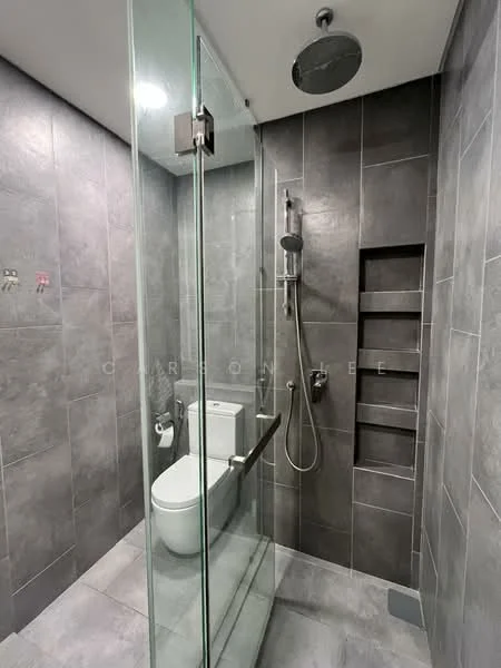 Bathroom features: walk-in shower with glass enclosure, rain shower head, handheld shower, chrome basin mixer, one-piece toilet, grey tile cladding on walls, grey tile flooring, built-in shelving, recessed lighting; style: modern.