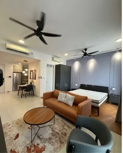 Living features: 3-seater leather sofa in brown, coffee table with wooden top, area rug with geometric pattern, 2-blade ceiling fan, wall-mounted TV, wooden flooring, decorative mirror, wall-mounted light fixtures; style: modern. Kitchen features: stainless-steel fridge, built-in oven, 4-burner gas hob, kitchen cabinetry, pendant lighting, open shelving; style: modern. Bedroom features: queen-size bed, upholstered headboard, built-in wardrobe, 2-blade ceiling fan, bedside lamps; style: modern.