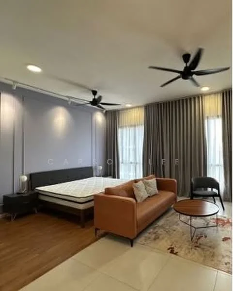 Bedroom features: queen-size bed, upholstered headboard, 3-blade ceiling fan, 3-blade ceiling fan, wood flooring, large windows with sheer curtains, grey painted walls, area rug with floral pattern, sofa in brown, coffee table, nightstand with lamp; style: modern.