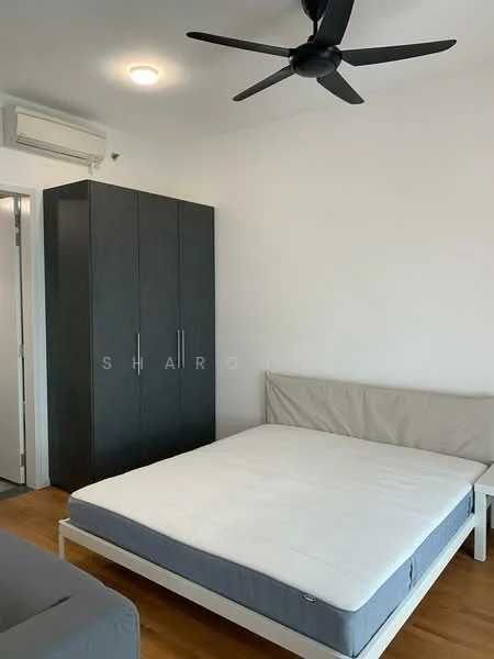 Bedroom features: queen-size bed frame without mattress, wooden flooring, 5-blade ceiling fan, wall-mounted split AC, built-in wardrobe with sliding doors, white painted walls, natural light from window, minimalist decor; style: modern.