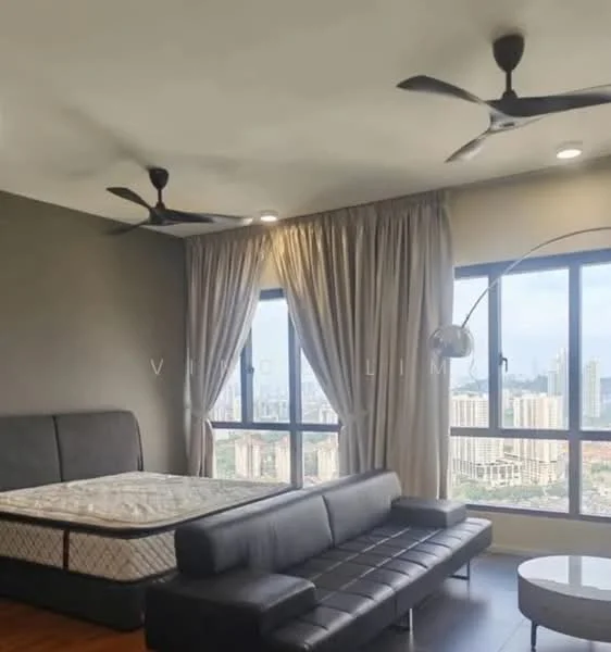 Bedroom features: king-size bed, black leather sofa, 2 ceiling fans, floor-to-ceiling windows, grey accent wall, curtains, city view, recessed lighting; style: modern; view: city.
