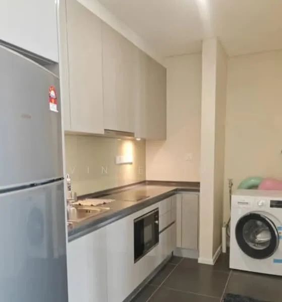 Kitchen features: stainless-steel fridge, built-in oven, freestanding washing machine, grey countertop, white cabinetry, single-bowl stainless-steel sink, chrome pull-down faucet, ceramic tile flooring, recessed downlights; style: modern.