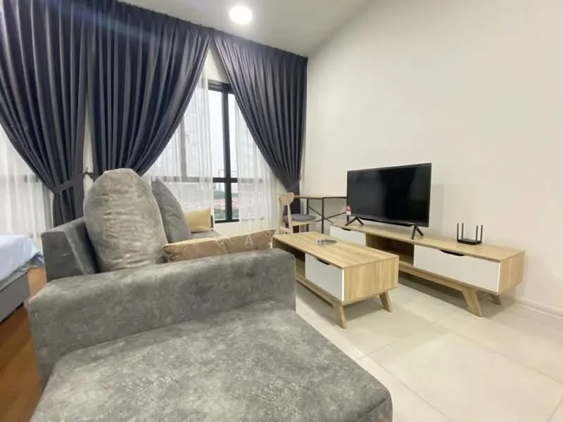 Living features: grey fabric sofa, wooden coffee table, TV console with white drawers, wall-mounted TV, floor-to-ceiling windows, sheer curtains, dark blue drapes, light-colored tile flooring, recessed ceiling lights; style: modern; view: city.