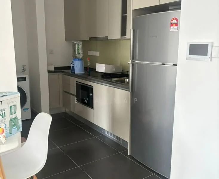 Kitchen features: light wood cabinetry, black countertop, built-in oven, stainless-steel fridge, single-bowl stainless-steel sink, chrome pull-down faucet, ceramic tile flooring, green backsplash, microwave, washing machine, wall-mounted thermostat, recessed downlights; style: modern.