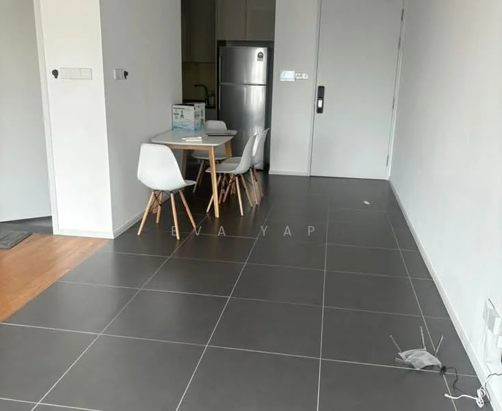 Dining features: grey ceramic tile flooring, white walls, round dining table, 4 white plastic dining chairs, refrigerator, door to hallway, light switch, power outlet; style: modern.