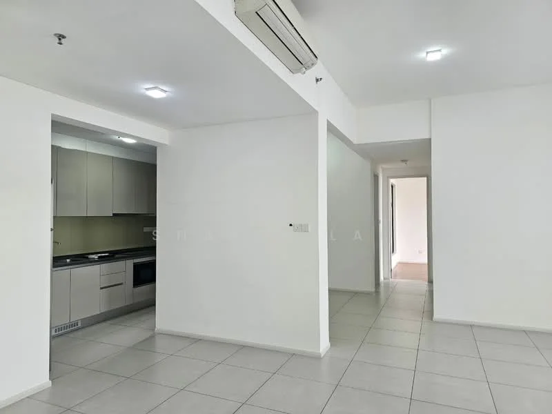 Kitchen features: white cabinetry, stainless-steel sink, built-in oven, 4-burner gas hob, exhaust hood, grey countertop, ceramic tile backsplash, recessed downlights; style: modern. Living features: white painted walls, tile flooring, 1 wall-mounted split AC, recessed downlights; style: modern.