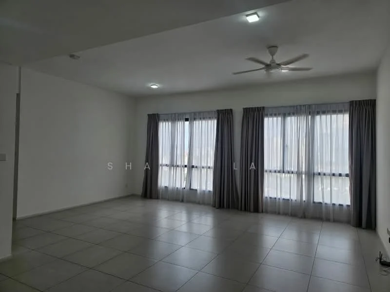 Living features: grey tiled flooring, white painted walls, 5-blade ceiling fan with light, floor-to-ceiling windows, sheer curtains, blackout curtains, recessed LED downlights, neutral color scheme; style: modern; view: city.