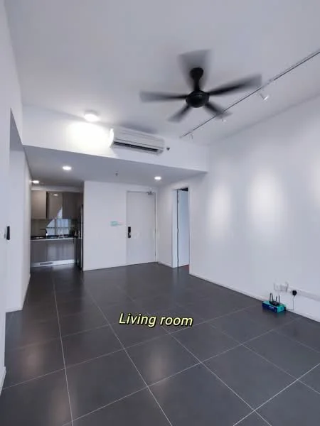 Living features: grey tiled flooring, white painted walls, 5-blade ceiling fan with light, wall-mounted split AC, recessed downlights, door leading to hallway, open layout, track lighting; style: modern.