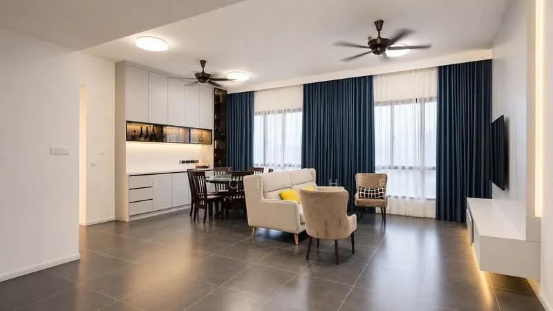 Living features: grey tiled flooring, white painted walls, recessed downlights, 2 ceiling fans, floor-to-ceiling windows with sheer curtains, blue drapes, L-shape fabric sofa in beige, wooden dining table for 6, upholstered dining chairs, TV console with wall-mounted TV, decorative wall shelf, area rug with geometric pattern; style: modern; view: city.