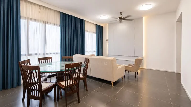 Living features: floor-to-ceiling windows, blue curtains, light grey walls, recessed downlights, 5-blade ceiling fan, light-coloured fabric sofa, wooden dining table, 6 wooden dining chairs, armchair, tile flooring; style: modern.