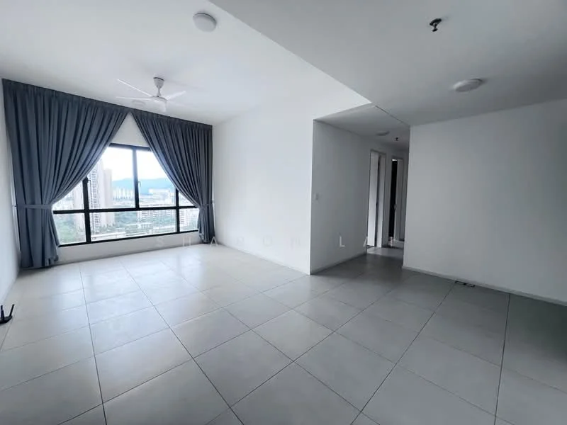 Living features: large floor-to-ceiling windows, grey curtains, white painted walls, tile flooring, ceiling fan, recessed ceiling lights, open layout, city view; style: modern; view: city.
