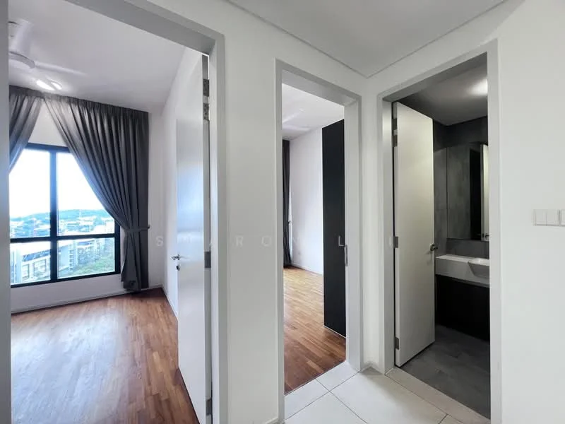 Room features: wood flooring, white painted walls, floor-to-ceiling windows, curtains, ceiling fan, doorway to adjacent rooms, tile flooring in bathroom area, vanity area with sink; style: modern; view: city.