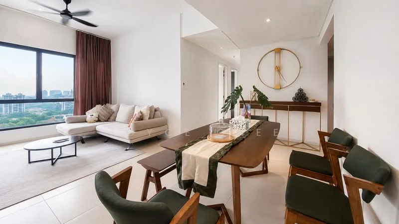 Living features: 3-seater fabric sofa in light beige, coffee table with round top, area rug with neutral tones, floor-to-ceiling windows, curtains in dark brown, ceiling fan with light, wall-mounted clock, decorative wall art, greenery in ceramic pot, side table, dining table with 4 chairs, wooden dining chairs with green upholstery; style: modern; view: city.