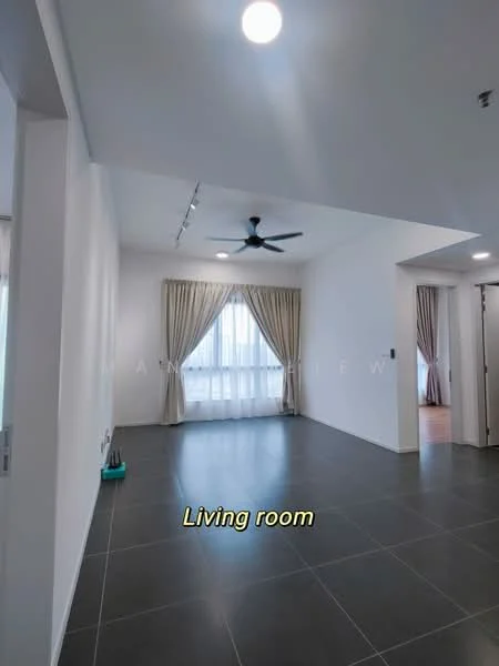 Living features: grey tiled flooring, white painted walls, tray ceiling, 5-blade ceiling fan with light, floor-to-ceiling windows, sheer curtains, recessed downlights, open layout, access to adjacent room; style: modern.