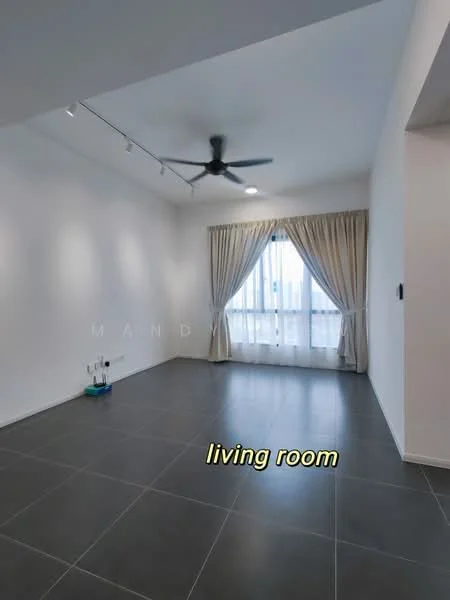 Living features: grey tiled flooring, white painted walls, 5-blade ceiling fan with light, floor-to-ceiling windows, sheer curtains, recessed LED downlights, track lighting; style: modern.