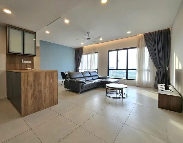Living features: grey leather sectional sofa, round coffee table with metal base, floor-to-ceiling windows, sheer curtains, recessed downlights, 5-blade ceiling fan with light, light-coloured walls, tile flooring, TV console, wall-mounted TV, decorative wall, open-plan layout with kitchen; style: modern; view: city. Kitchen features: wood cabinetry, kitchen island, stainless-steel appliances, open layout; style: modern.