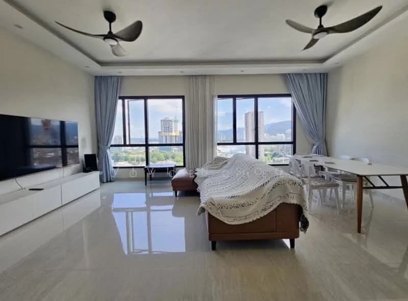 Living features: 2 ceiling fans, large floor-to-ceiling windows, white painted walls, light-colored tiled flooring, brown leather sofa, white throw blanket on sofa, white TV console, wall-mounted flat-screen TV, dining table with chairs, curtains in light blue, city skyline view; style: modern; view: city.