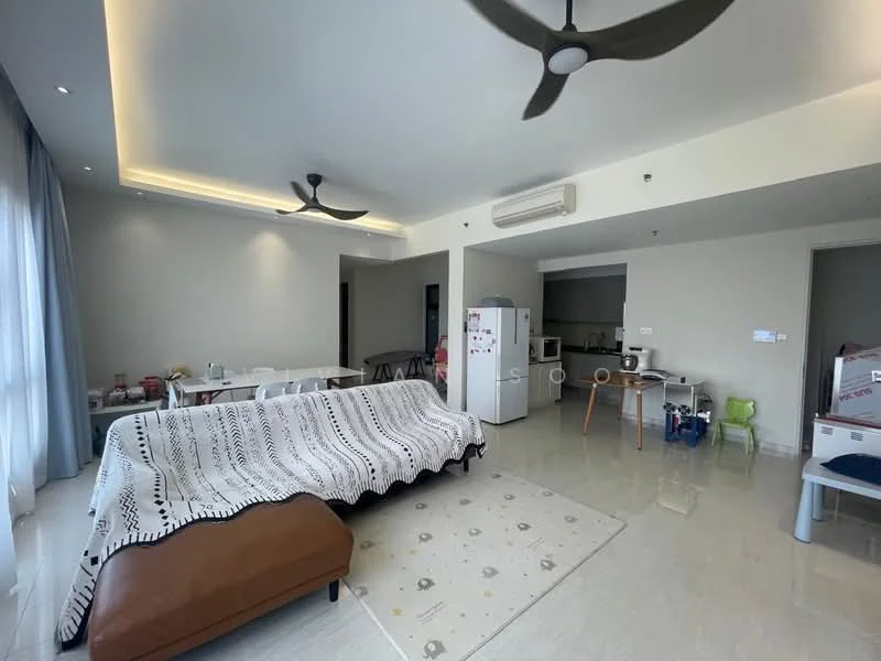 Living features: white painted walls, recessed downlights, 2-blade ceiling fans, large windows with sheer curtains, light-colored tiled flooring, 3-seater fabric sofa in white, brown leather ottoman, area rug with geometric pattern, dining table with chairs, refrigerator, kitchen visible in background; style: modern.