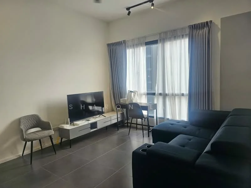 Living features: grey fabric sectional sofa, 2-seater grey armchair, white TV console, wall-mounted flat-screen TV, large window with sheer curtains, recessed ceiling lights, dark tile flooring, decorative wall art; style: modern; view: city.
