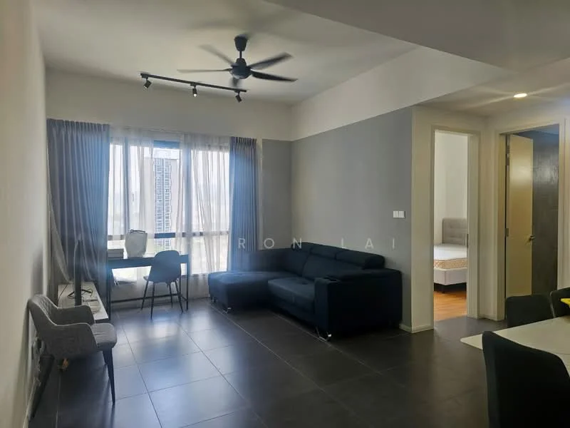 Living features: 3-seater fabric sofa in dark blue, coffee table, floor-to-ceiling windows, curtains, ceiling fan with light, wall-mounted TV, decorative wall art, tile flooring, LED recessed lighting; style: modern; view: city. Room features: wood flooring, doorway leading to another room.