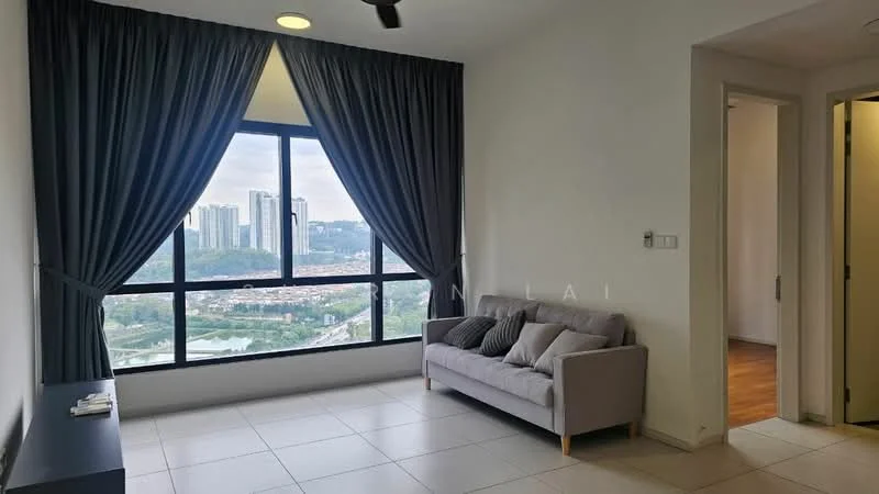 Living features: floor-to-ceiling windows, grey fabric sofa, light-colored walls, white ceiling, recessed downlights, curtains in dark grey, tile flooring, wood flooring in adjacent area, decorative cushions; style: modern; view: city.