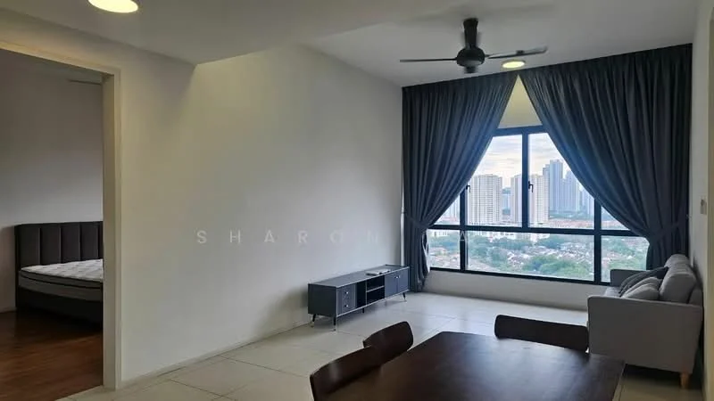 Living features: floor-to-ceiling windows, grey fabric sofa, wooden coffee table, 3-blade ceiling fan, dark wood flooring, white painted walls, curtains in dark grey, TV console, city view; style: modern; view: city. Room features: white painted walls, dark wood flooring.