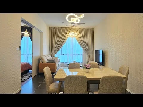 Dining features: 6-seater dining table, upholstered dining chairs, pendant lighting, floor-to-ceiling windows, curtains, decorative wall pattern, dark tiled flooring, wall-mounted TV; style: modern; view: city. Living features: 3-seater fabric sofa, accent chair, coffee table, TV console, area rug, wall-mounted TV, curtains, floor-to-ceiling windows; style: modern; view: city. Bedroom features: queen-size bed, upholstered headboard, bedside lamps, curtains, floor-to-ceiling windows; style: modern; view: city.