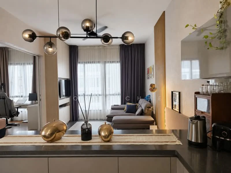 Living features: sofa in grey fabric, coffee table with metallic accents, wall-mounted TV, floor-to-ceiling windows, sheer curtains, recessed downlights, pendant light fixture with multiple bulbs, decorative wall art, area rug, wooden shelving unit, plant decor; style: modern. Kitchen features: grey countertop, stainless-steel kettle, coffee machine, decorative vase, open shelving, built-in cabinetry; style: modern.