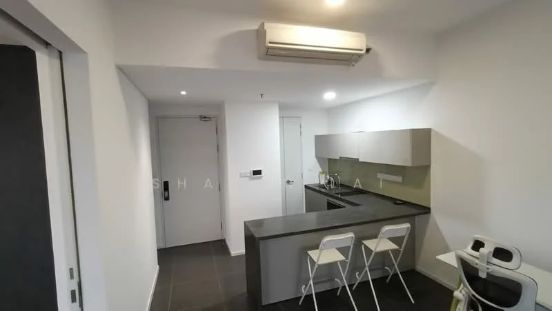 Kitchen features: grey stone countertop, white cabinetry, built-in oven, stainless-steel sink, chrome pull-down faucet, black backsplash, 2 bar stools, wall-mounted split AC, recessed downlights, sliding door, dark tile flooring; style: modern.
