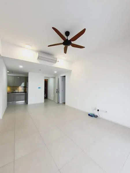 Living features: white painted walls, tile flooring, 5-blade ceiling fan, wall-mounted split AC, recessed downlights, open layout, doorway to kitchen, neutral color scheme; style: modern.