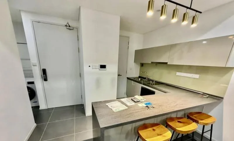 Kitchen features: grey stone countertop, single-bowl stainless-steel sink, chrome pull-down faucet, white cabinetry, glass backsplash, stainless-steel appliances, 3 wooden bar stools, recessed downlights, grey tile flooring, white walls, door leading to laundry area; style: modern.