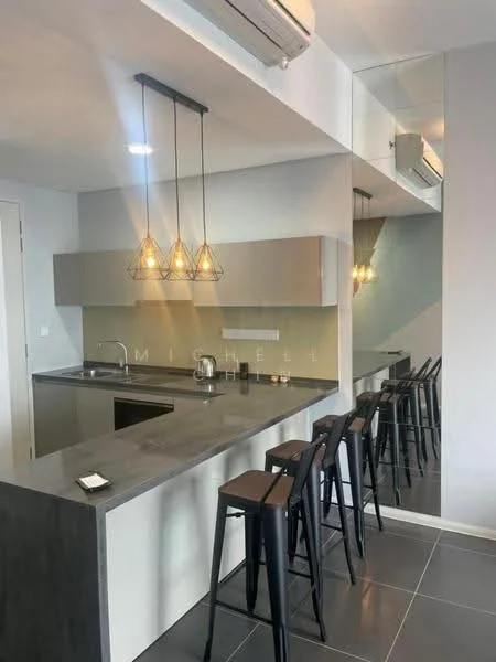 Kitchen features: grey stone countertop, single-bowl stainless-steel sink, chrome pull-down faucet, flat-panel grey cabinets, glass backsplash, 3 pendant lights, bar seating with 4 black stools, built-in oven, stainless-steel kettle, recessed downlights, wall-mounted split AC, mirror wall, ceramic tile flooring; style: modern.