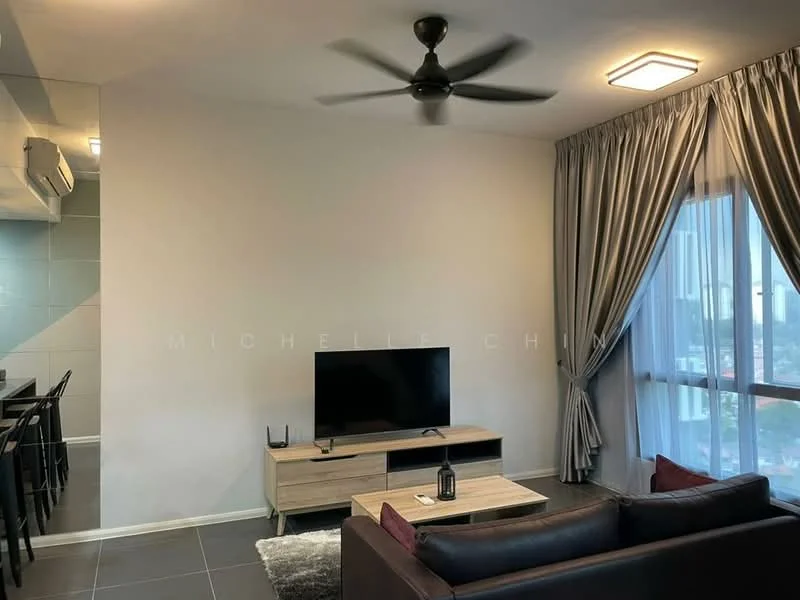 Living features: 3-seater fabric sofa in dark brown, coffee table with wooden surface, wall-mounted TV, TV console with storage, 5-blade ceiling fan with light, floor-to-ceiling windows, curtains in light grey, grey tiled flooring, decorative rug, wall with light paint; style: modern; view: city.