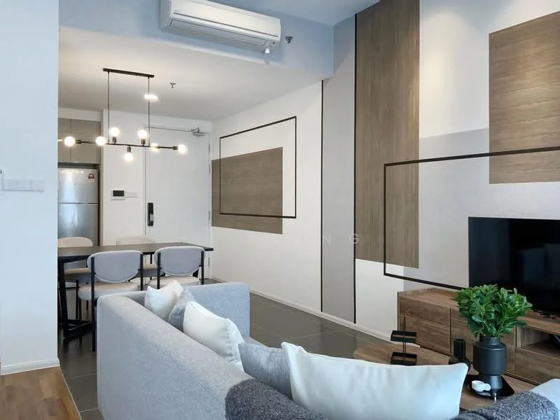 Living features: grey fabric sofa, coffee table, wall-mounted TV, TV console, dining table for 4, 4 upholstered dining chairs, recessed downlights, air conditioning unit, wood panel accent wall, white painted walls, dark tile flooring, decorative plant; style: modern.